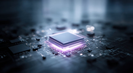 Close-up of a central processing unit (CPU) illuminated on a circuit boardの素材