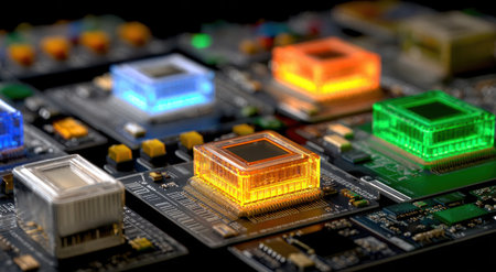 Close-up of circuit boards with illuminated processors in various colorsの素材
