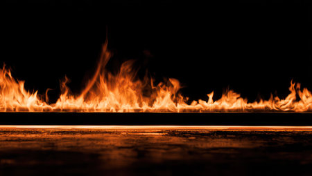 A horizontal line of flames burns brightly against a black background with a reflecting surfaceの素材