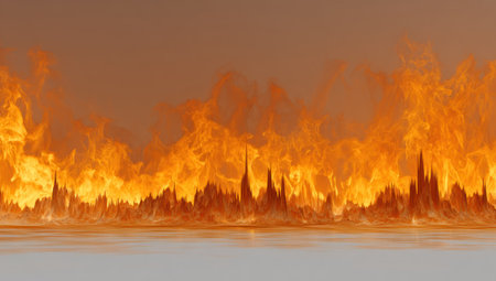 Flaming, wavy wall of fire against a neutral backdrop, reflected on a subtle surfaceの素材