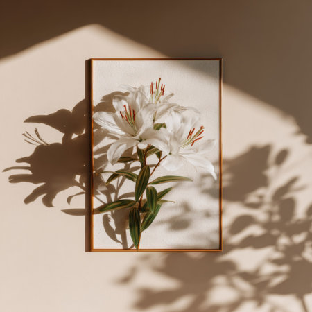 Framed floral artwork with white lilies, natural light &amp; shadow on a neutral wallの素材