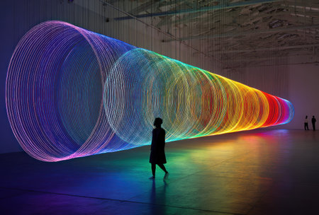 Large, tunnel-like light installation with colorful lines; people walk beneath itの素材