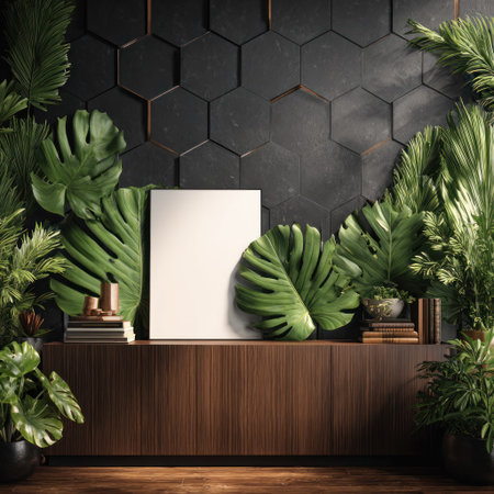 A blank canvas framed by lush green plants, set against a dark honeycomb wallの素材