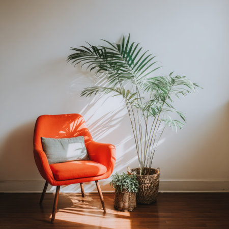 Brightly lit interior scene features an orange armchair with a pillow, potted plants, and wooden floorsの素材