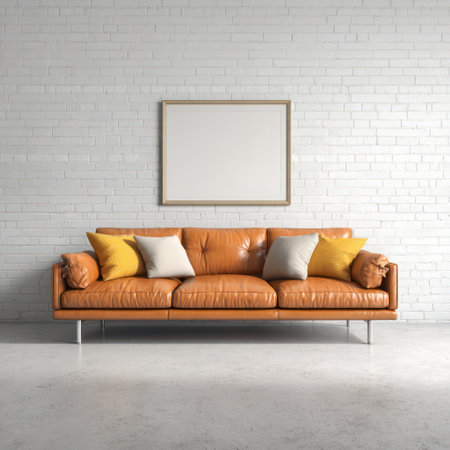 Cozy living space featuring a leather couch, pillows, blank frame, and brick wall backdropの素材