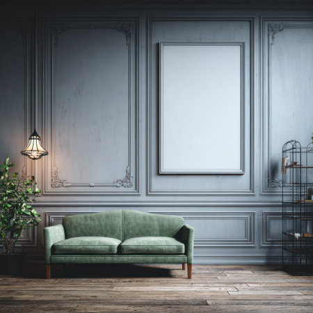 Elegant room with wall paneling, a green sofa, artwork, and a hanging lightの素材