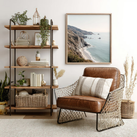 Cozy living room decor, with wooden shelves, leather armchair, coastal art, and plantsの素材