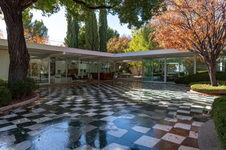 A modern home, glass walls, checkered patio, lush trees, autumn colors, natural lightの素材