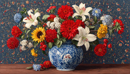 A vibrant floral still life in a blue and white vase against a patterned backdropの素材