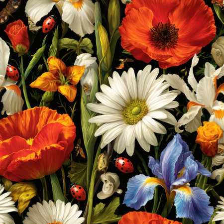 Vibrant floral arrangement with poppies, daisies, irises, and ladybugs on a dark backdropの素材