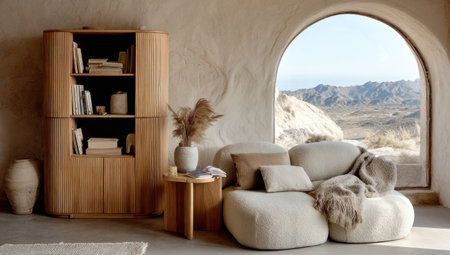 An inviting interior features a curved wood cabinet, a cozy sofa, and an arched window with a viewの素材