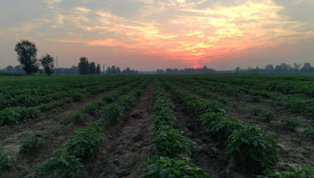 Rows of crops in a field stretch toward a sunset sky. Distant trees add dimensionの素材
