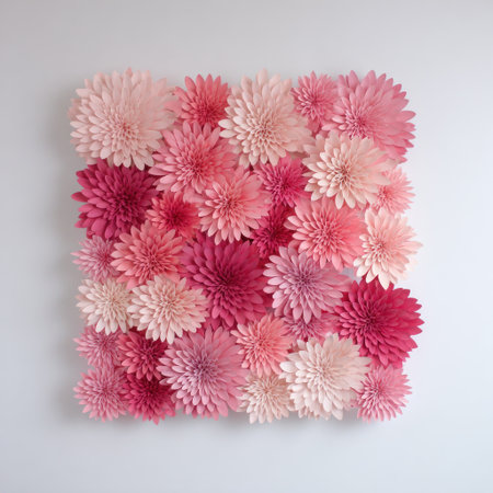 Square composition of paper flowers in various shades of pink, mounted on a white surfaceの素材