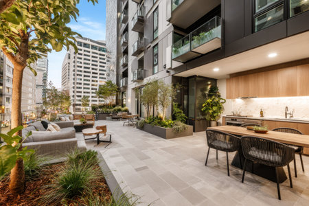 Modern outdoor patio with seating, dining, and city views, adjacent to a contemporary buildingの素材