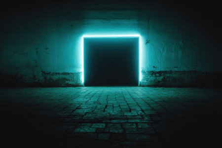 A glowing turquoise square illuminates a dark, weathered roomの素材