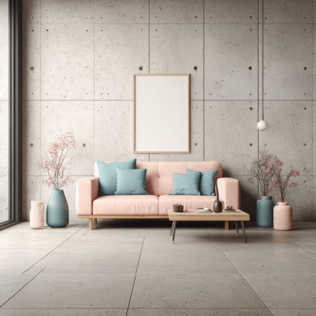 Minimalist living room featuring a pink sofa, concrete wall, and decorative elementsの素材