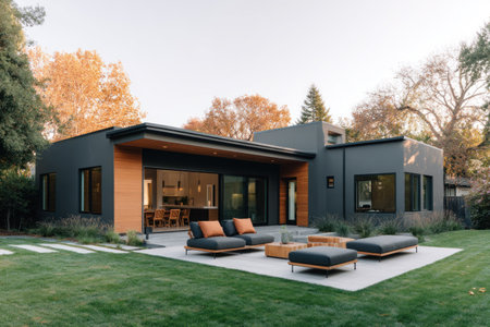 Modern home exterior features a concrete patio, seating, &amp; open-concept designの素材