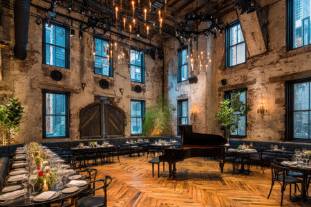 Elegant interior with exposed brick, piano, and tables set for a grand eventの素材