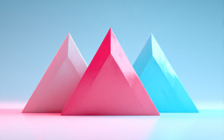 Three geometric pyramids in pastel pink, red, and blue with a gradient backgroundの素材