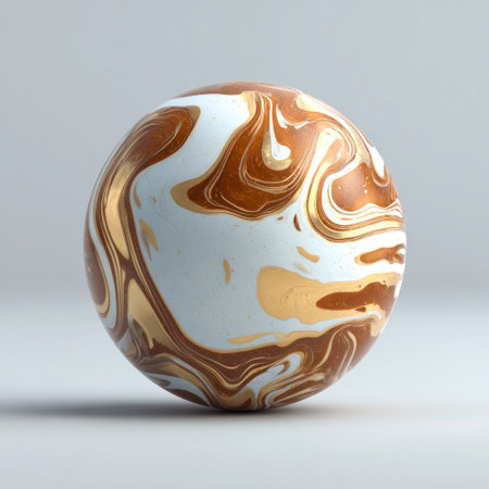 Abstract sphere with flowing patterns of gold, brown, and white, floating in mid-airの素材