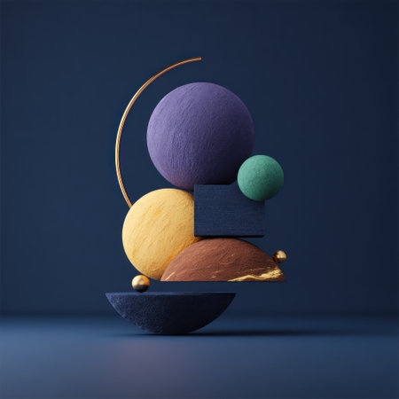 A balancing sculpture with spheres, cubes, and arcs. Dark blue background. Golden accentsの素材
