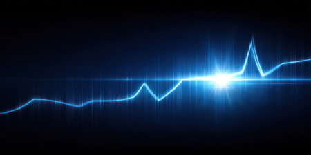 Glowing blue line representing data or sound waves, with bright central light against dark backgroundの素材