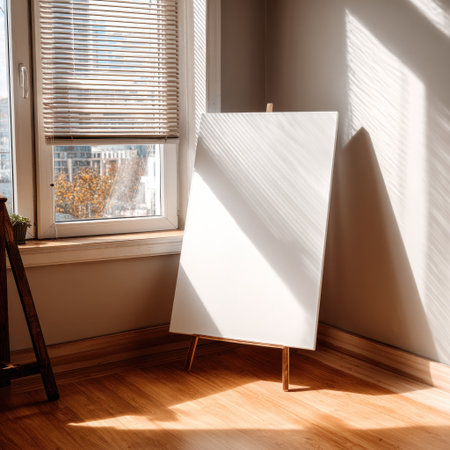 Empty canvas on an easel sits in a sunlit room, near a window with blindsの素材