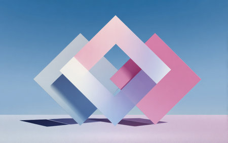 Geometric shapes overlap, casting shadows against a gradient blue sky, creating an abstract compositionの素材