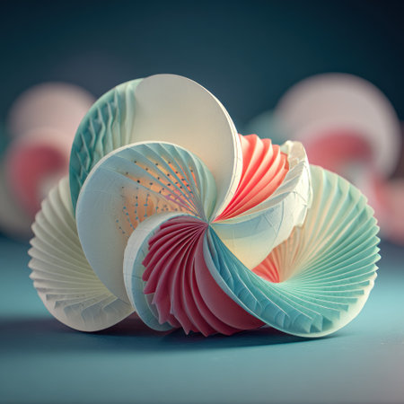 Intricate, colorful, paper-like sculpture, with layered petals in soft, pastel huesの素材