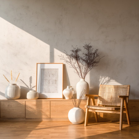 Interior scene. Wooden shelf with vases, framed art, woven chair bathed in sunlightの素材