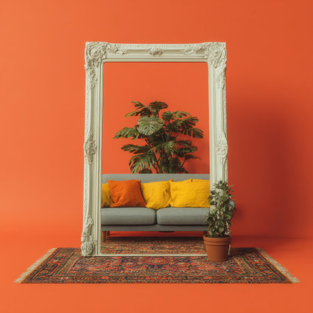 A frame reveals a couch, pillows, plants, and rug against a vibrant orange backdropの素材