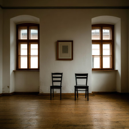 An empty room featuring two chairs, two windows, and framed artwork against a white wallの素材