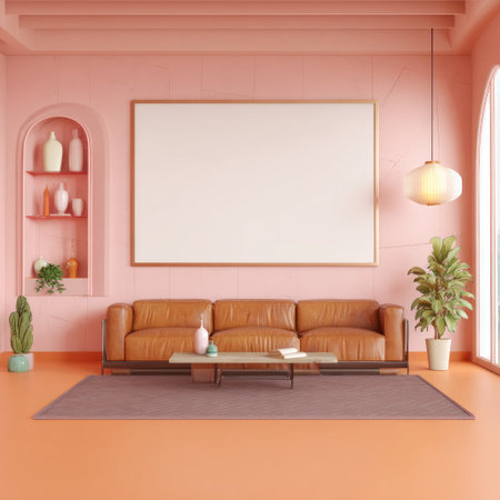 Interior with pink walls, leather sofa, framed blank space, plants, arched niche, and a windowの素材