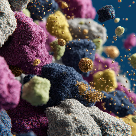 Abstract rendering of textured, colorful floating particles with varying sizes and shapesの素材