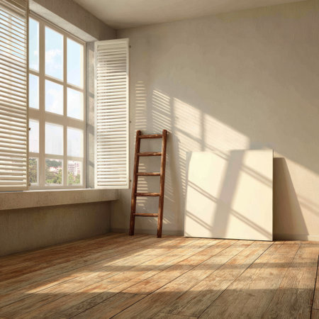 Sunlight streams into a minimalist room with a window, ladder, and a blank canvasの素材