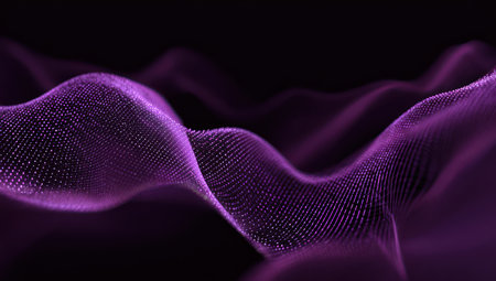 Abstract digital waves, shimmering dots form a flowing purple pattern against a black backdropの素材
