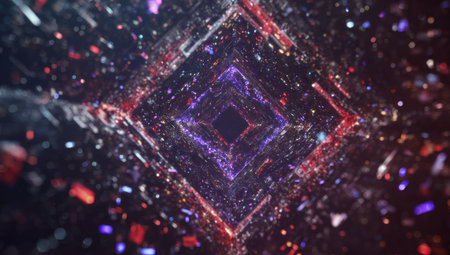 A futuristic tunnel with diamond shapes and colorful particles flowing inwardの素材