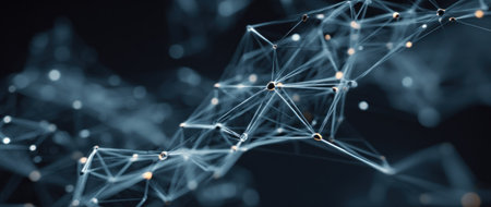 A network of connected nodes with lines, with a blurred dark backgroundの素材