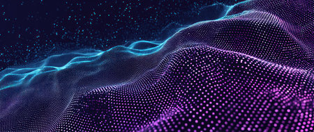 Abstract digital illustration of flowing, dotted lines in shades of blue and purpleの素材