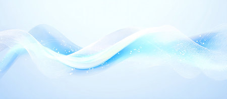Abstract blue and white wavy lines with faint sparkles, set against a soft, light backgroundの素材