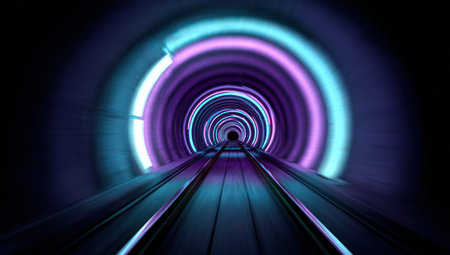 Inside a futuristic, glowing tunnel with rails extending towards a dark centerの素材