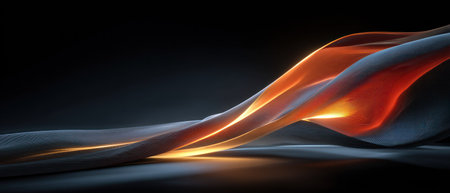 Abstract flowing form with vibrant orange-yellow glow on dark gray backgroundの素材