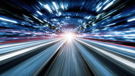Abstract, futuristic tunnel with blurred lights and streaks, leading to a bright lightの素材