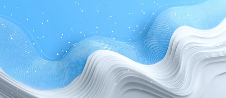Abstract 3D rendering of layered, undulating waves in cool blues and whites, with sparkleの素材