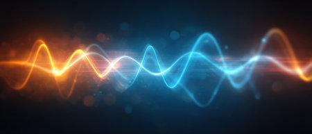 Abstract digital illustration with flowing lines in orange and blue against a dark backgroundの素材