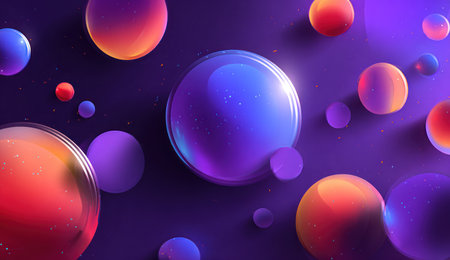 Floating spheres with translucent and colored gradients against a dark purple backgroundの素材