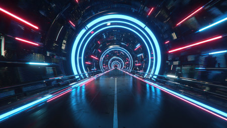Futuristic tunnel with neon lighting, leading into the distance, with reflectionsの素材