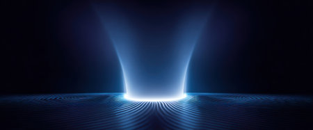 A glowing blue light illuminates a dark space, resembling a portal or energy vortexの素材