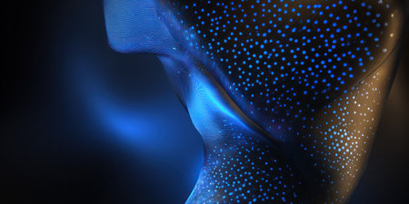 Abstract, fluid form with blue luminescence and small dots against a dark gradient backdropの素材