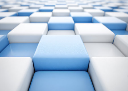 Checkerboard pattern of blue and white cubes, soft focus, creating a 3D effectの素材